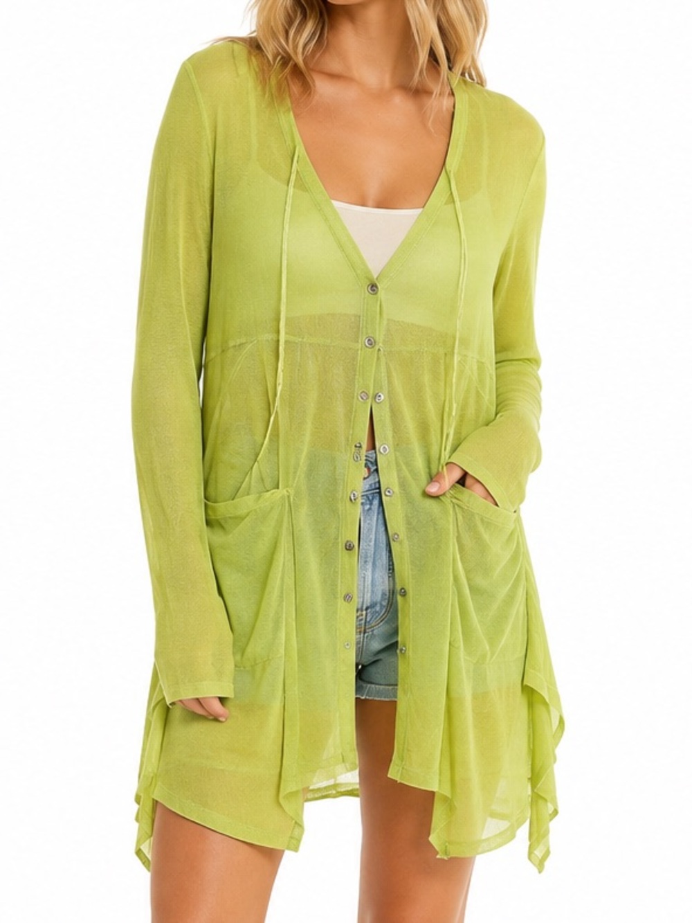 Dolcezza Lime Green Sheer Mesh Tunic Cardigan Top Lagenlook M L